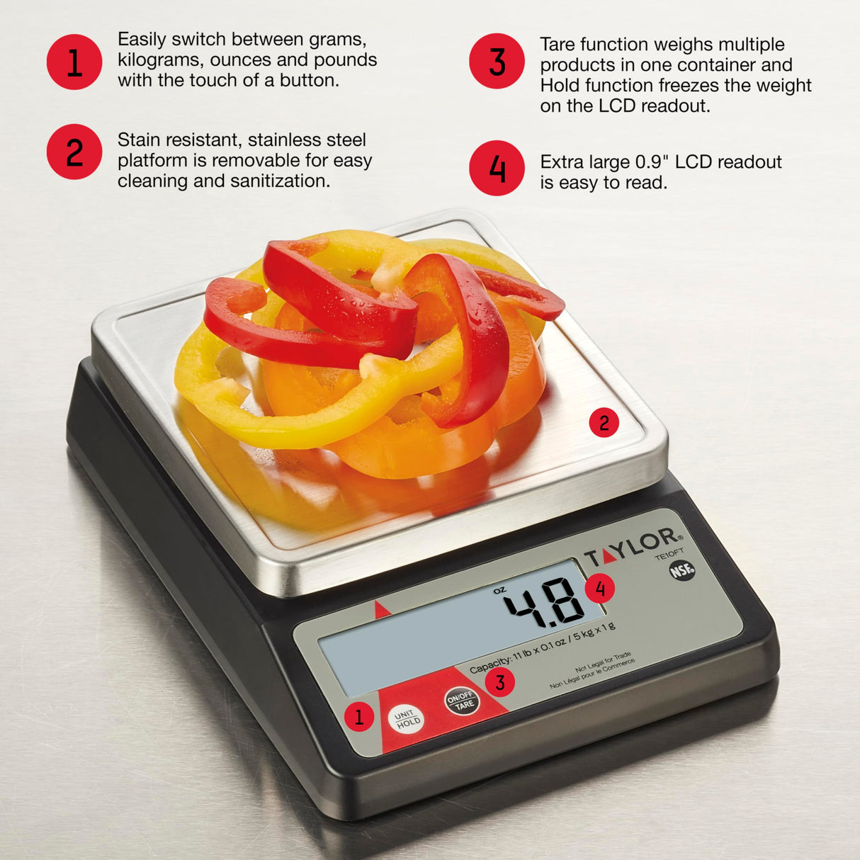 Taylor TE10FT 11-Pound Commercial Digital Portion Control Scale, 11 lb (5 kg) in 0.1 oz (1 g) Food and Cooking Scale, Tare and Hold Function, NSF, Stainless Steel Platform Taylor