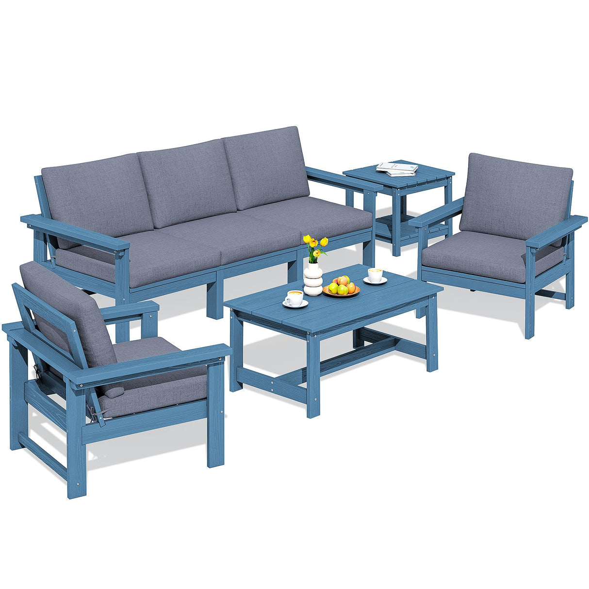SERWALL HDPE Patio Furniture Set, 7-Piece Outdoor Sectional Sofa Set, All Weather Outdoor Couch Set for Deck, Lawn, Blue Frame with Grey Cushion SERWALL