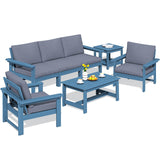 SERWALL HDPE Patio Furniture Set, 7-Piece Outdoor Sectional Sofa Set, All Weather Outdoor Couch Set for Deck, Lawn, Blue Frame with Grey Cushion SERWALL