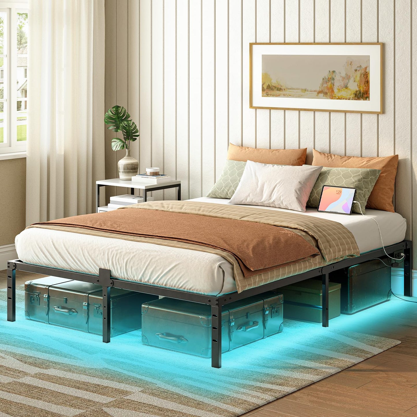 HOOBRO Queen Bed Frame with Smart LED Lights and Integrated Charging Station - WoodArtSupply