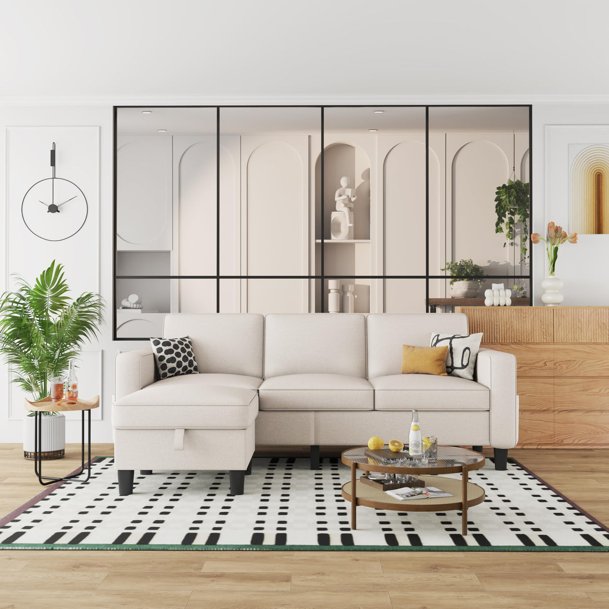 ZeeFu Convertible Sectional Sofa Couch: Beige 3 Seat L-Shaped Sectional Sofa Couches with Storage Ottoman - Modern Linen Fabric Small Sofa Couch Set for Living Room Office Small Space Apartment ZeeFu