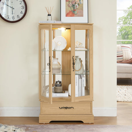 nifoti 47" H Lighted Curio Cabinet Display Case, Glass Cabinets with Adjustable Shelves,Tempered Glass Door and Drawer, Wooden Curio Cabinet with Mirrored Back Pane for Living Room (Light Oak) nifoti
