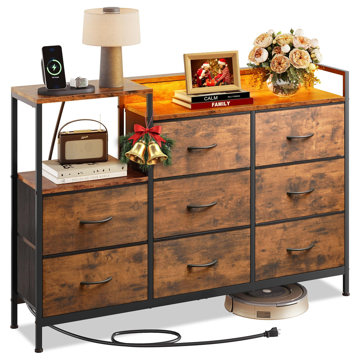 EKNKOZY Dresser with 8 Drawers, Chest of Drawers with LED Lights & Power Outlets, TV Stand Dresser for Bedroom, Wide Fabric Dresser with Shelf for Storage and Organization (Rustic Brown) EKNKOZY