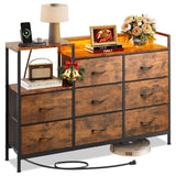 EKNKOZY Dresser with 8 Drawers, Chest of Drawers with LED Lights & Power Outlets, TV Stand Dresser for Bedroom, Wide Fabric Dresser with Shelf for Storage and Organization (Rustic Brown) EKNKOZY