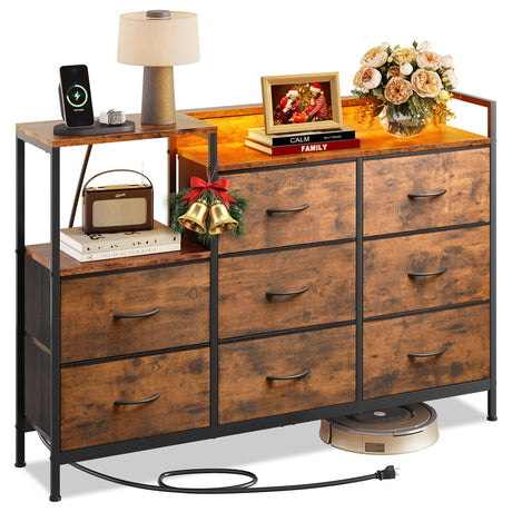 EKNKOZY Dresser with 8 Drawers, Chest of Drawers with LED Lights & Power Outlets, TV Stand Dresser for Bedroom, Wide Fabric Dresser with Shelf for Storage and Organization (Rustic Brown) EKNKOZY