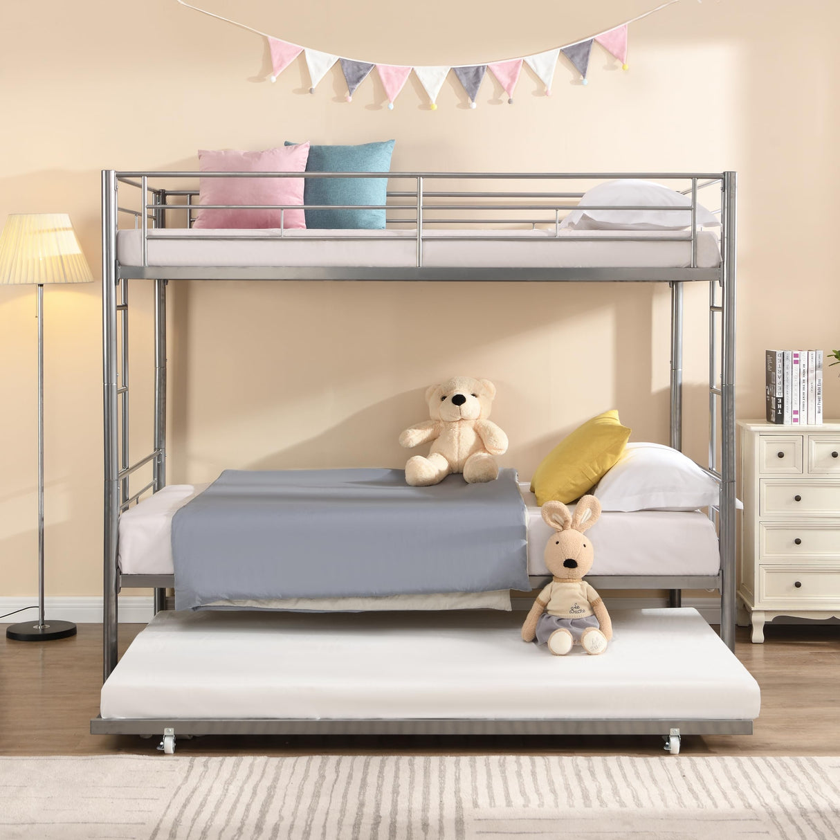 KEIKI Twin Over Twin Size Metal Detachable Bunk Bed Frame with 2 Side Ladder, Trundle and Guardrail, Modern Style Bunk Beds with Slats, No Box Spring Required, Easy Assembly, for Bedroom, Silver KEIKI