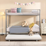 KEIKI Twin Over Twin Size Metal Detachable Bunk Bed Frame with 2 Side Ladder, Trundle and Guardrail, Modern Style Bunk Beds with Slats, No Box Spring Required, Easy Assembly, for Bedroom, Silver KEIKI