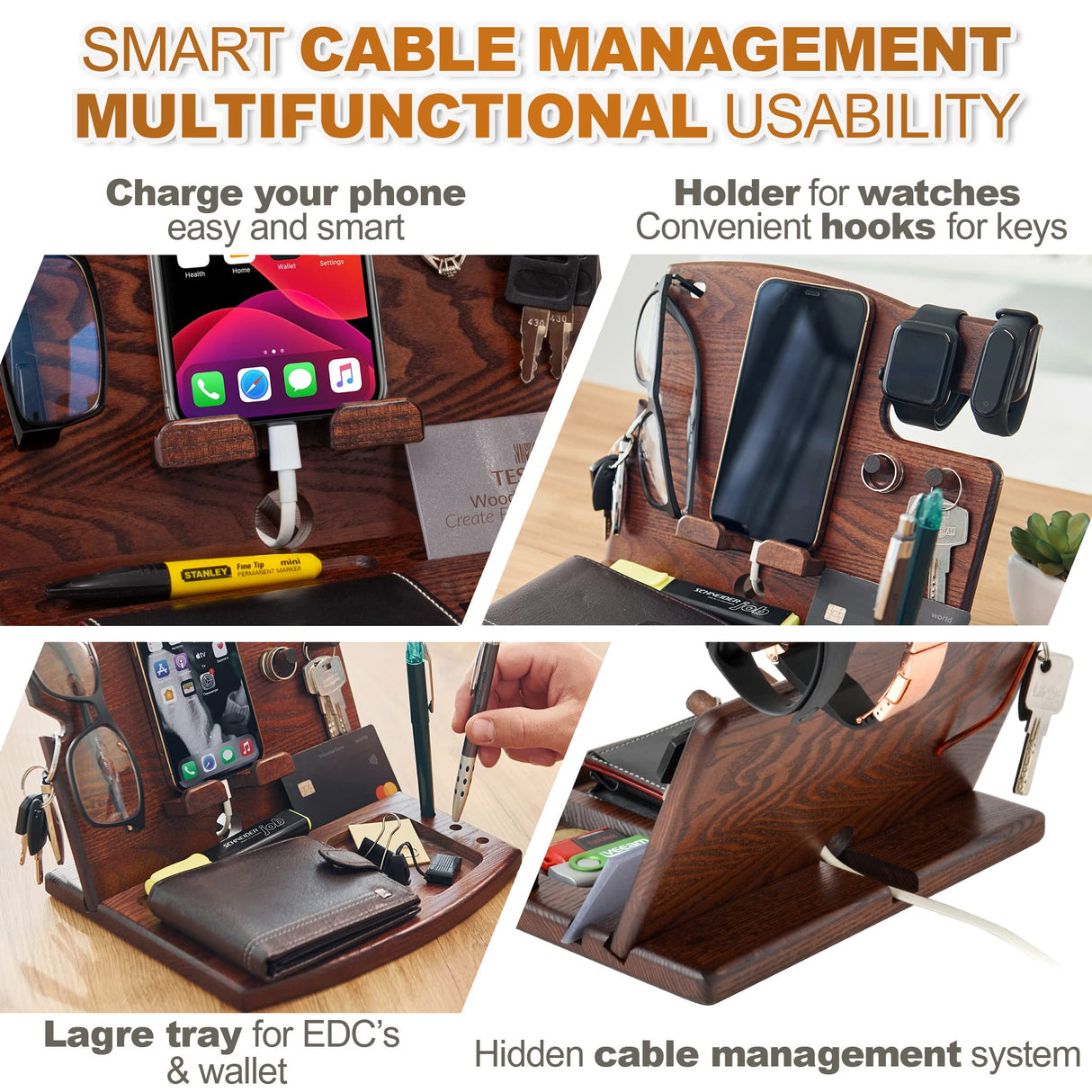 TESLYAR Wood Phone Docking Station Ash Hooks Key Holder Wallet Watch Stand Watch Organizer Men Husband Anniversary Dad Birthday Nightstand Purse Father Graduation Male Travel Gadgets TESLYAR