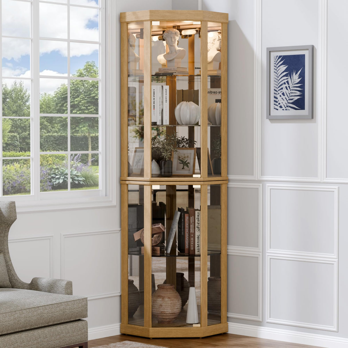 Trygoal Lighted 3-Side Glass Display Curio Cabinet, Accent Wooden Corner Cabinet with Elegant Glass Door, Wooden Storage Display Case for Living Room, Dining Room, Light Oak Trygoal