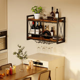 Homeiju Wall Mounted Wine Rack, Bottle & Glass Holder Wood-Metal Retro Wine Rack, Wine Bottles Display Wall Storage for Kitchen Dining Room Home Bar Homeiju