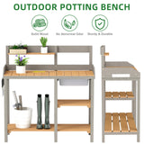Wooden Potting Bench Table with Sink, Outdoor Garden Table Work Bench with Shelf, Workstation for Outside Patio Lawn SoliWood