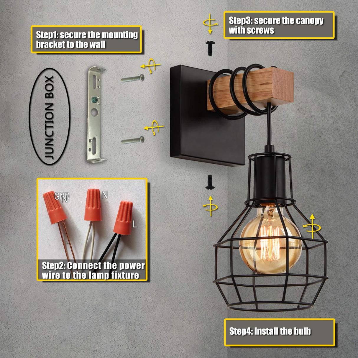 Black Wall Sconces with Dimmer ON/Off Switch, Cage Wall Mount Light Fixture Industrial Farmhouse Lighting for Living Room Kitchen, C71Y215 Lightess