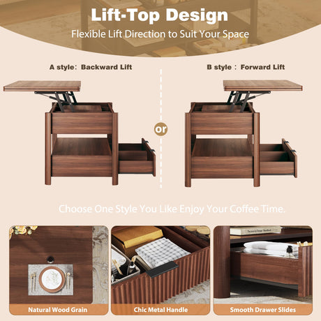 HUAHUU 40" Lift Top Coffee Table, 4 in 1 Square Coffee Table with Storage Shelf & 2 Drawers, Modern Coffee Tables with Lift Tabletop, Converts to Dining Table for Living Room, Home Office, Walnut HUAHUU