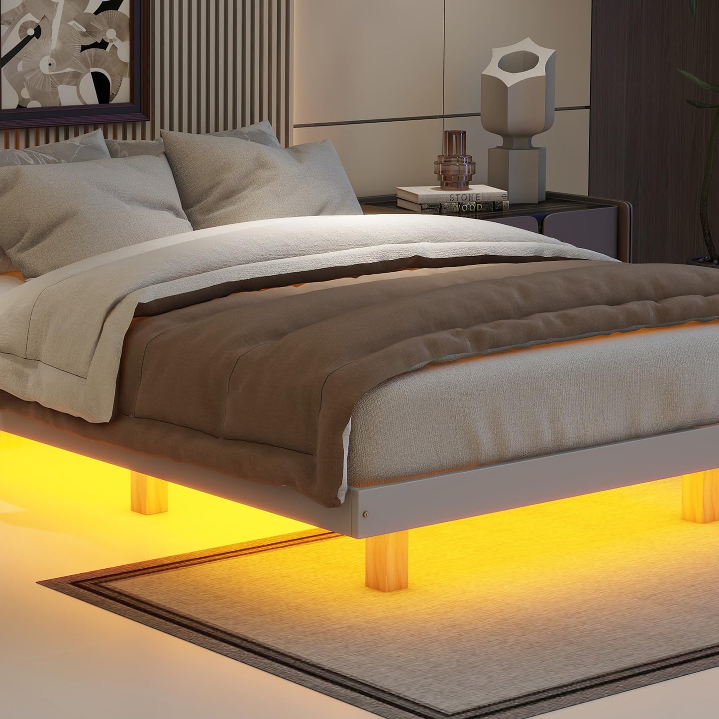 Floating Full-Size Bed Frame with LED Lights in Grey – Modern Low Profile Design with Solid Pine Wood Construction - WoodArtSupply