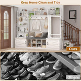 chartustriable 86.6" Wide Extra Large Farmhouse Hall Tree with 3-Color LED Mirror, Entryway Bench with Bench and Shoe Storage, Shoe Shelves,Umbrella Holder, Mudroom Hallway Storage Cabinet chartustriable