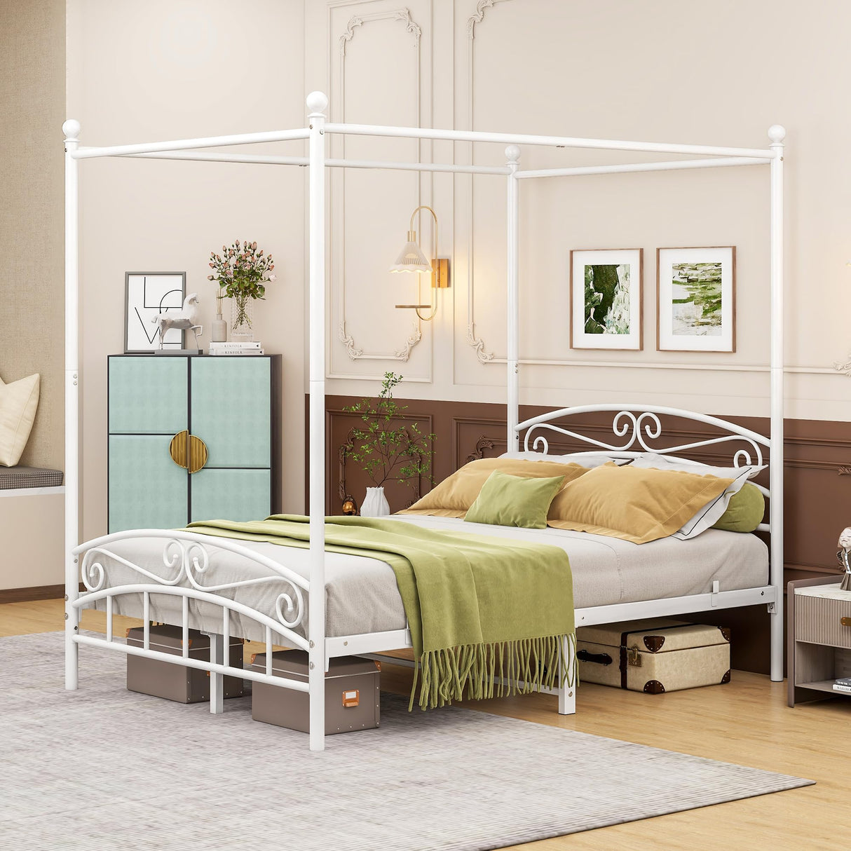 ARFARLY Full Size Bed Frame Four-Poster Metal Canopy Bed Frame Full with Headboard and Footboard Sturdy Slatted Structure No Box Spring Needed White ARFARLY