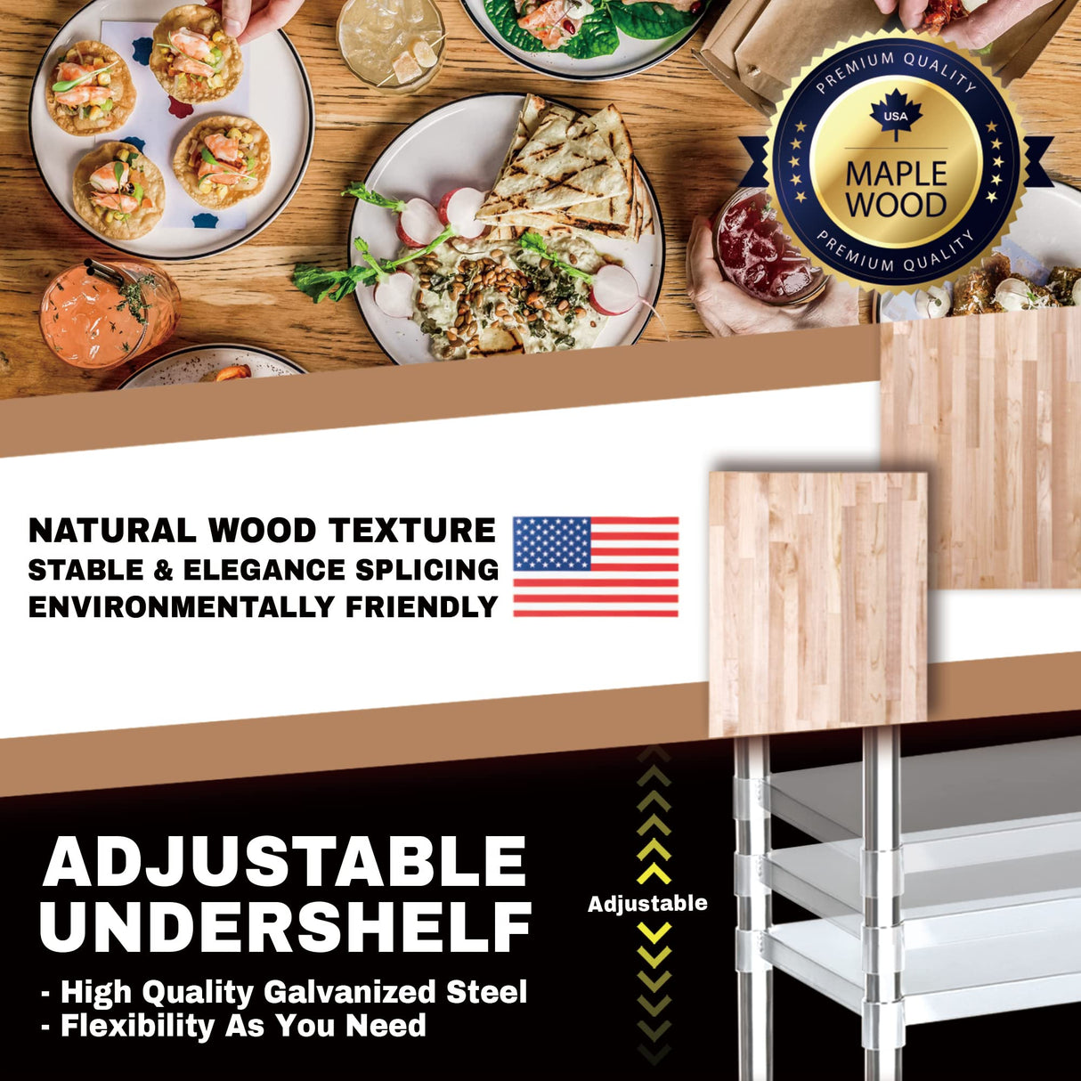 US Maple Top Work Table - 30 x 12 x 35 Inch Commercial Butcher Block Wooden Workbench with Adjustable Lower Shelf - Fits Restaurant, Warehouse, Home, DuraSteel