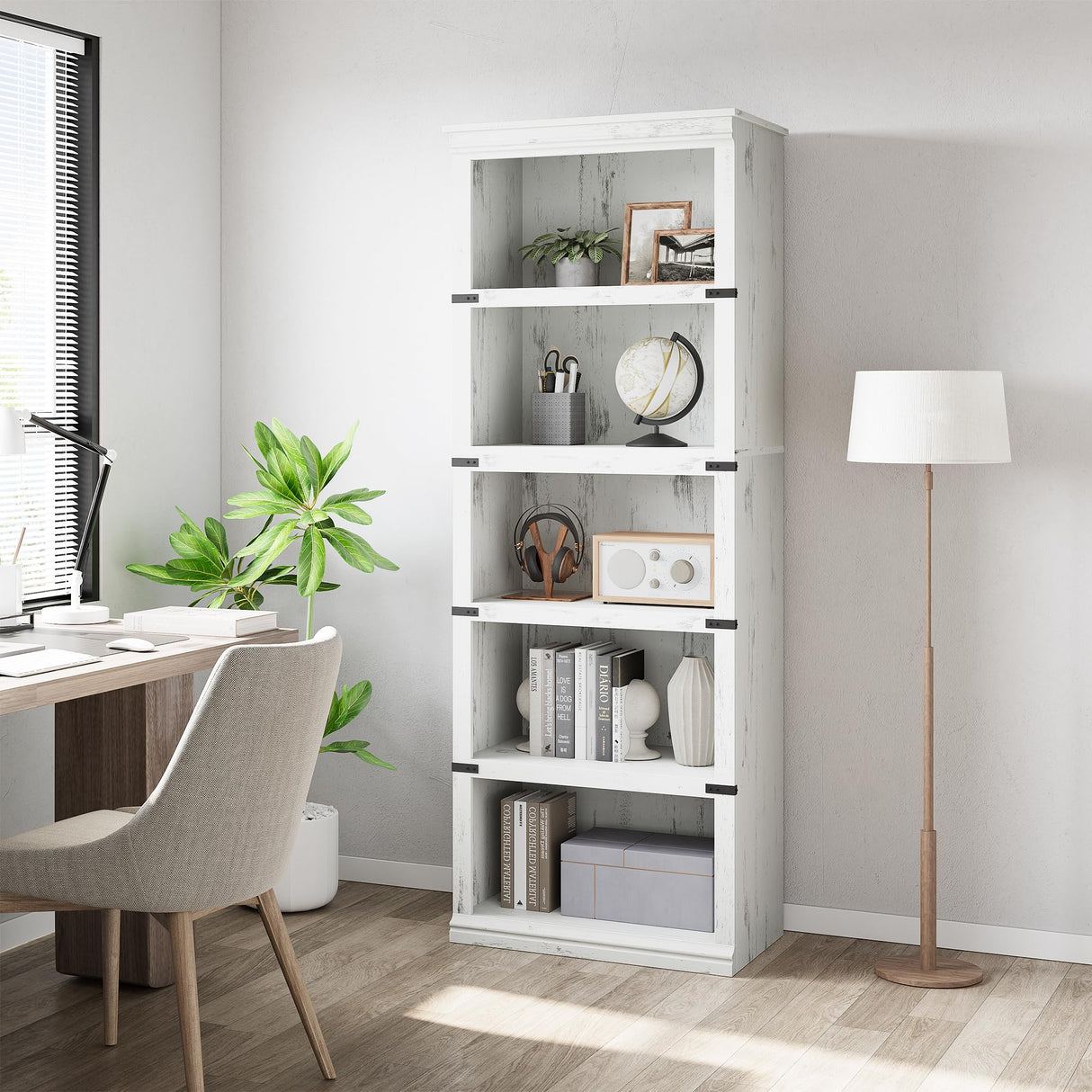 GAOMON 5 Tier Bookcase, Farmhouse Book Shelf with Storage, 67.4 Inch Tall Open Display Bookshelves, Wooden 5 Shelf Bookcase for Living Room, Bedroom-White GAOMON