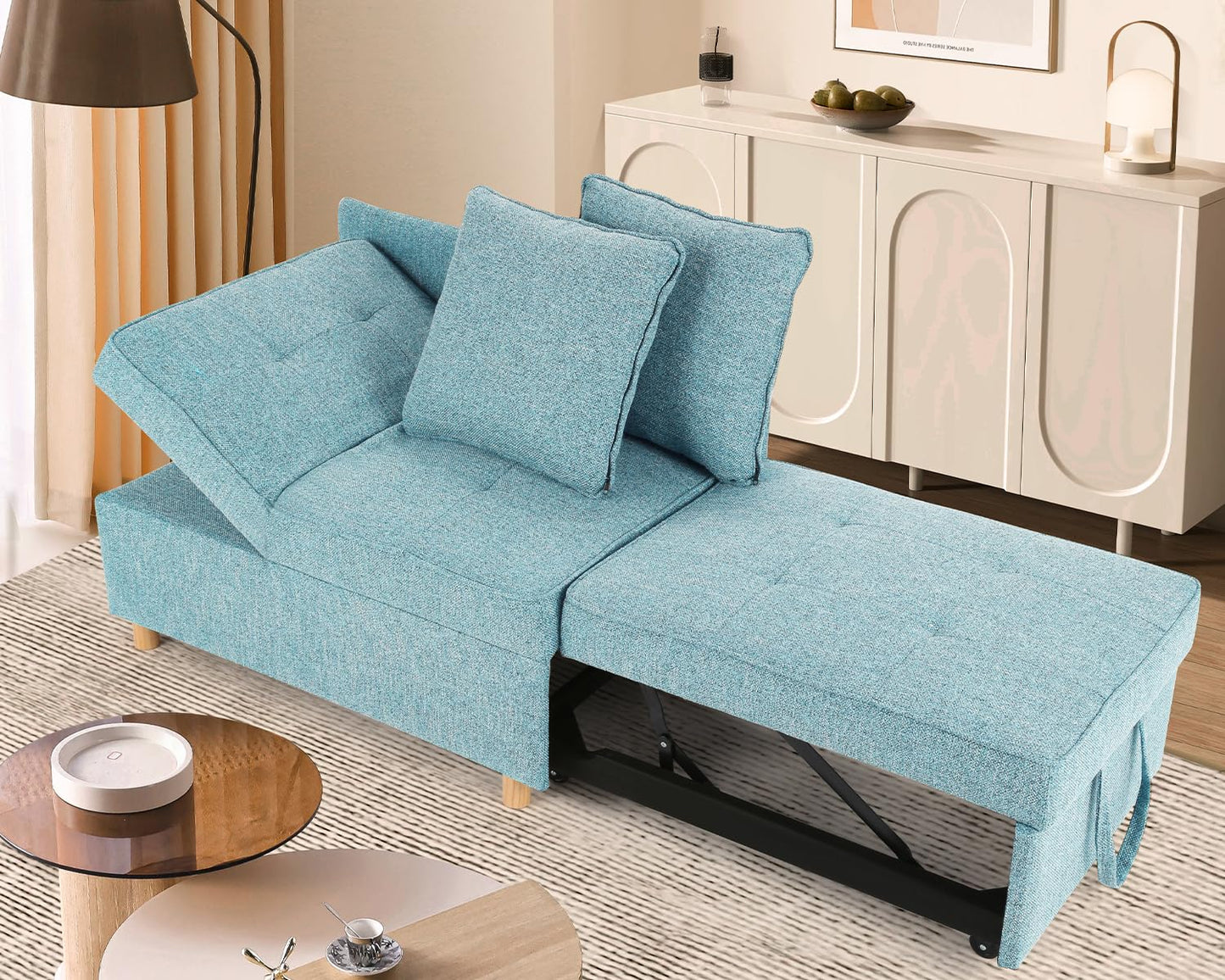 SEJOV Sofa Bed, 4-in-1 Convertible Sleeper Sofa, Pull Out Couch with 3 Seater, Sofa Chair with 5 Adjustable Backrests, 71’’ Linen Couch with 2 Pillow, Loveseat for Living Room, Sky Blue