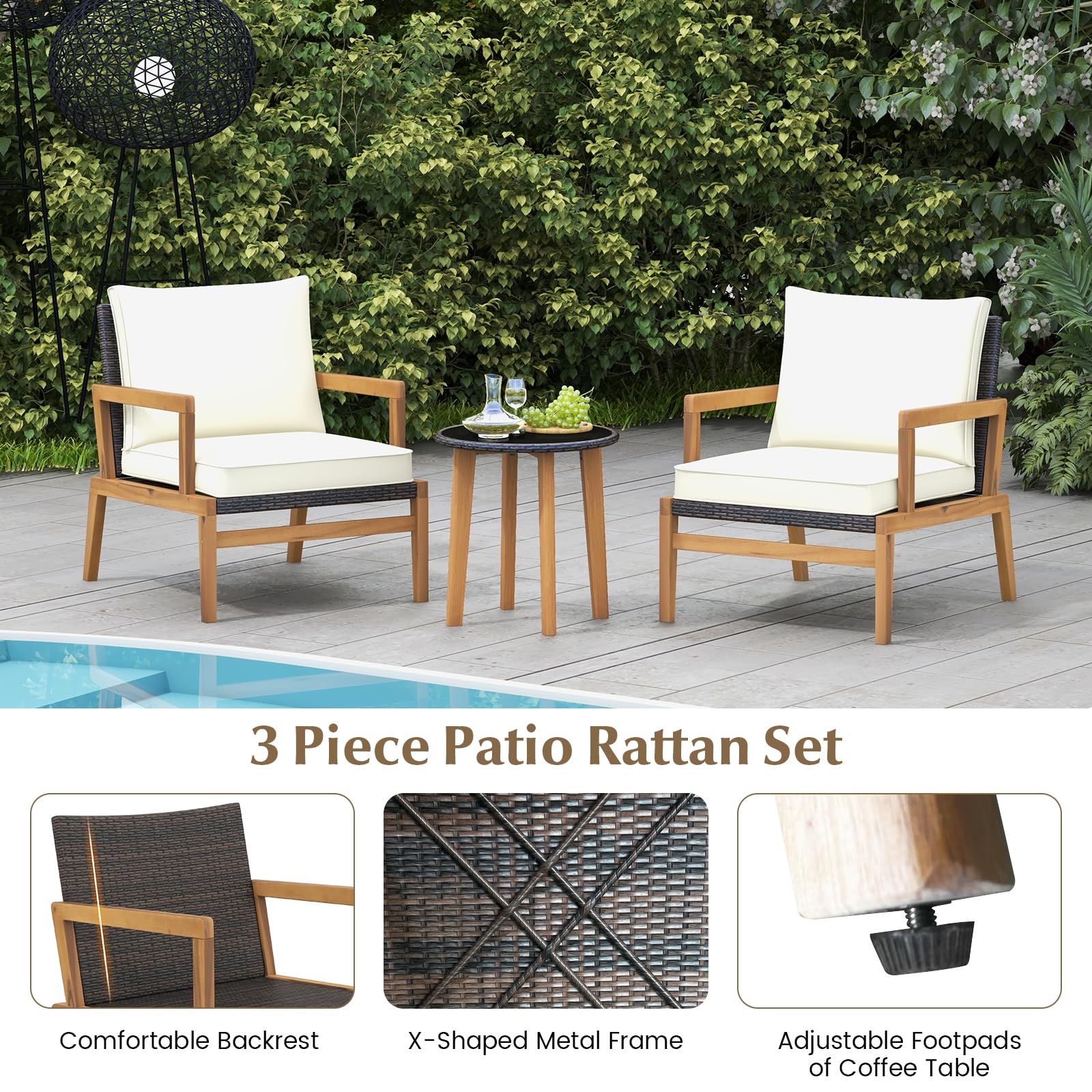 Tangkula 3 Piece Patio Chair Set, Wicker Chair & Side Table Set with Soft Cushions & Tempered Glass Tabletop, Solid Wood Support, Outdoor Rattan Furniture Set for Porch, Backyard, Poolside - WoodArtSupply