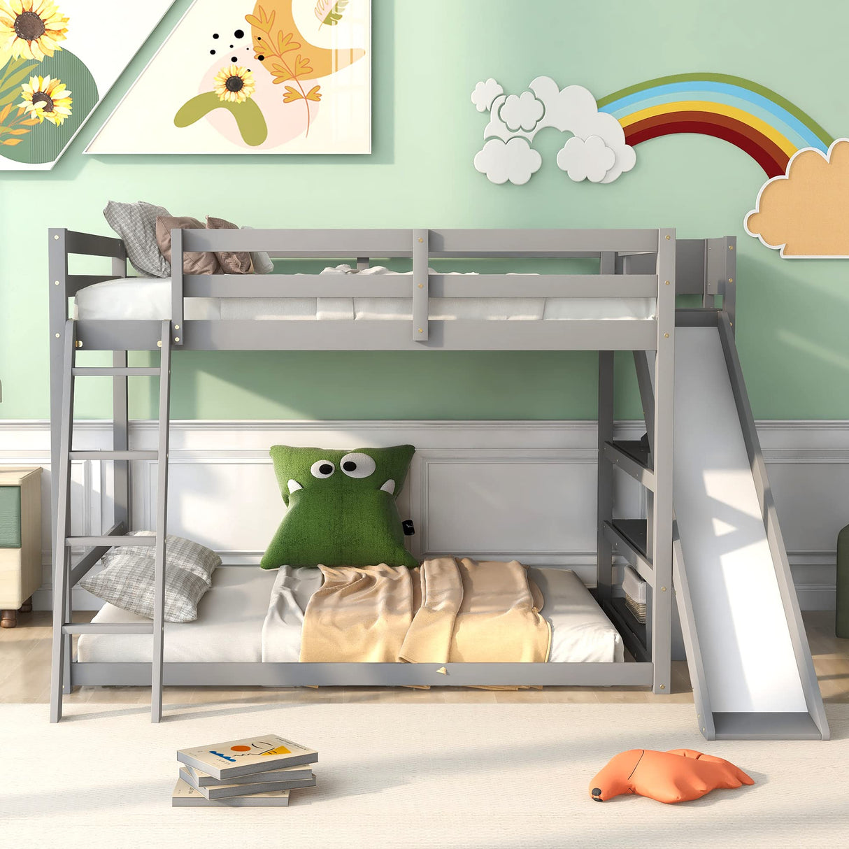 Full Over Full Bunk Beds with Slide and Storage Shelves, Wood Floor Bunk Beds Frame, Kids Bunk Bed for Bedroom, Teens Dormitory (Full Loft Bed with Slide, Gray) Bellemave