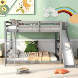 Full Over Full Low Bunk Bed with Slide and Storage Shelves, Wooden Floor Bunk Bed Frame with Ladder, Convertible Full Size Loft Bed with Bookcase for Kids Boys Girls Teens, Gray Bellemave