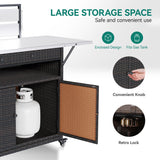 YITAHOME XL Outdoor Kitchen Wicker Island Rolling Cart & Storage Cabinet, Wheels and Stainless Steel Extended Table Top, Side Handle for Patio Kitchen or Bar Cart, Dark Brown YITAHOME