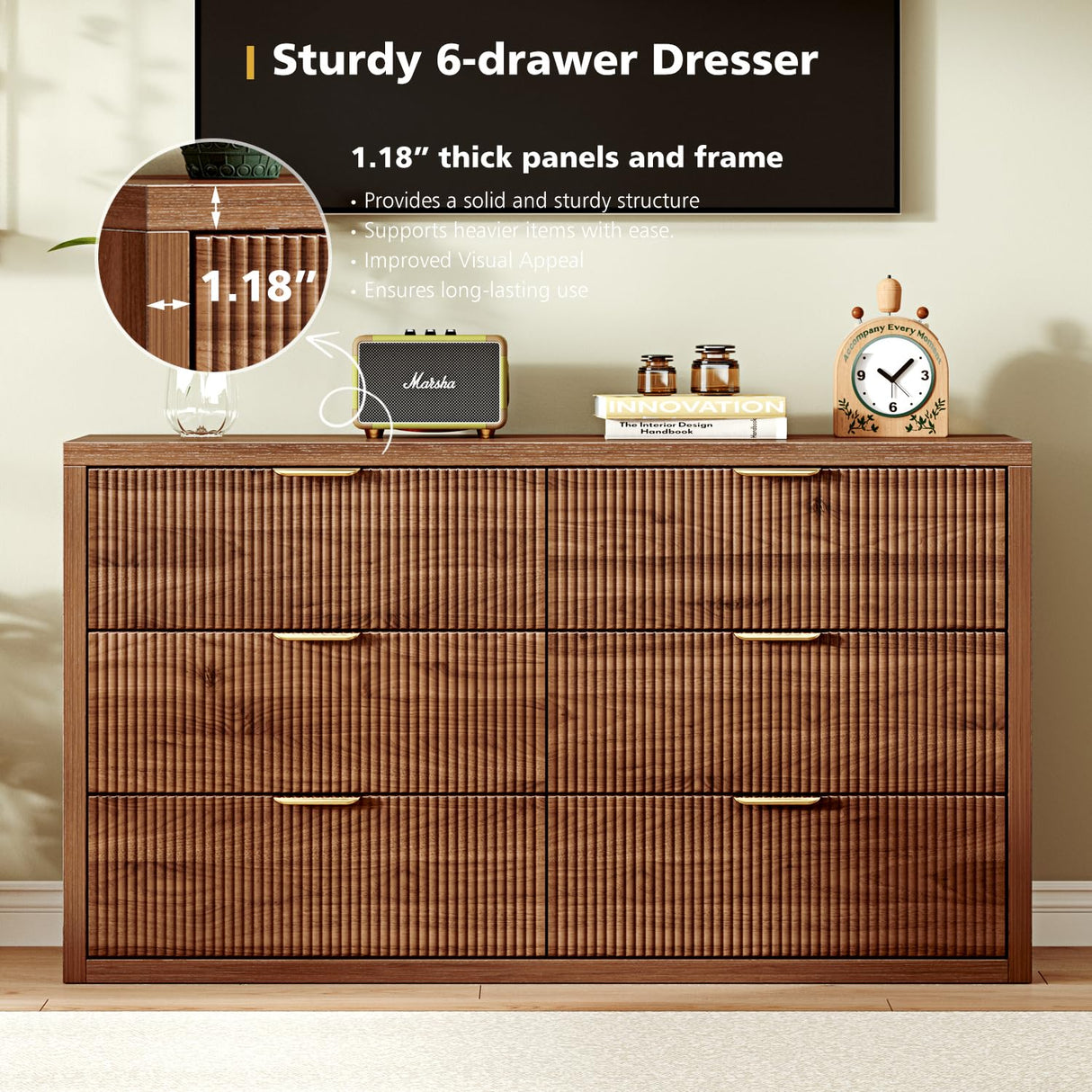 Ieejdn 55.12" Modern Chest of Drawer, 6 Deep Drawers,Clothes Organizer,Large Storage Cabinet for Living Room, Bedroom,Dresser TV Stand, Wood Drawer Organizer for Living Room, Hallway, Walnut Ieejdn