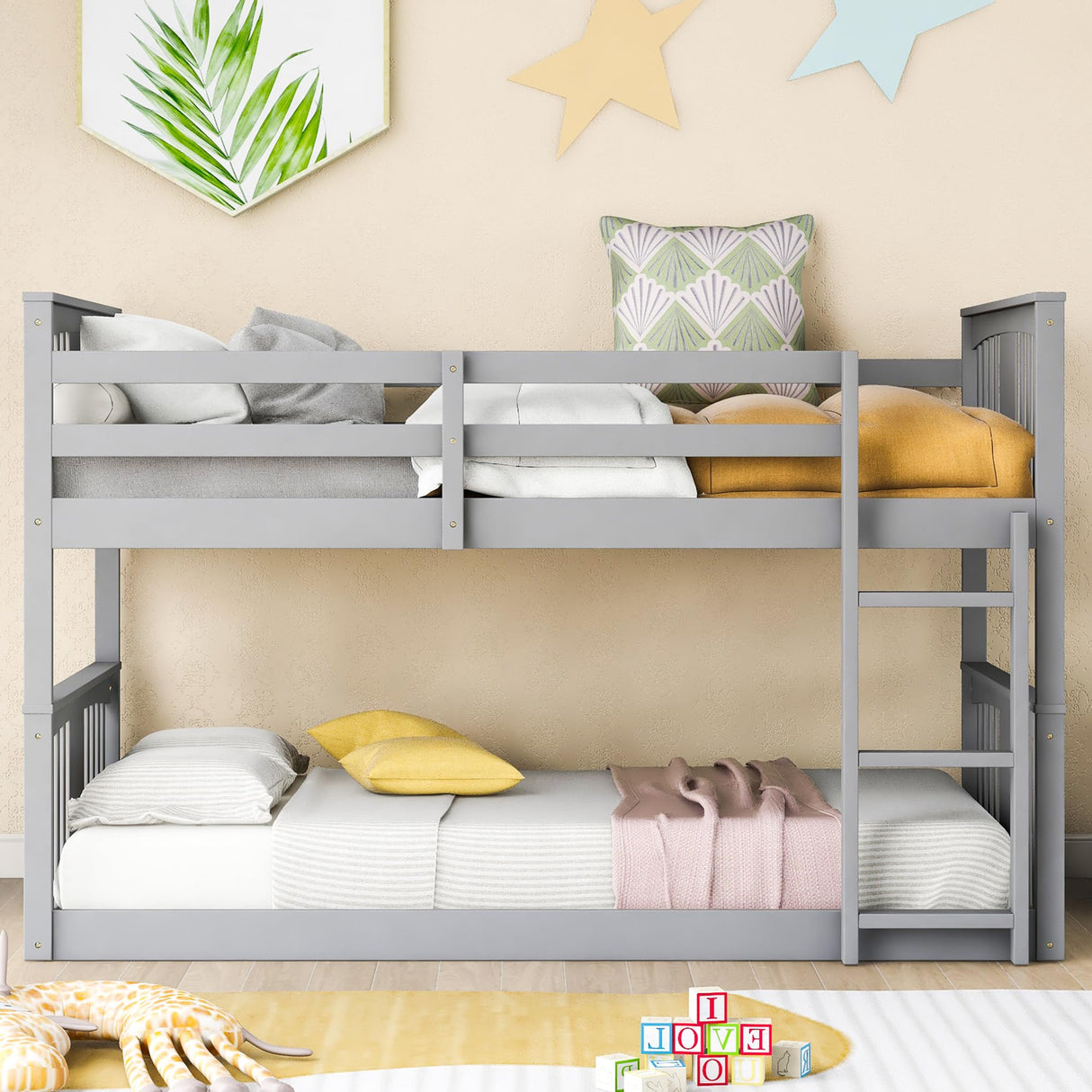 Low Bunk Bed Twin Over Twin, Twin Over Twin Bunk Bed with Ladder, Kids Bunk Beds with Full Length Guardrail, Montessori Floor Bunk Beds for Kids, Boys,Girls, Gray Bunk Bed Twin Size Bellemave