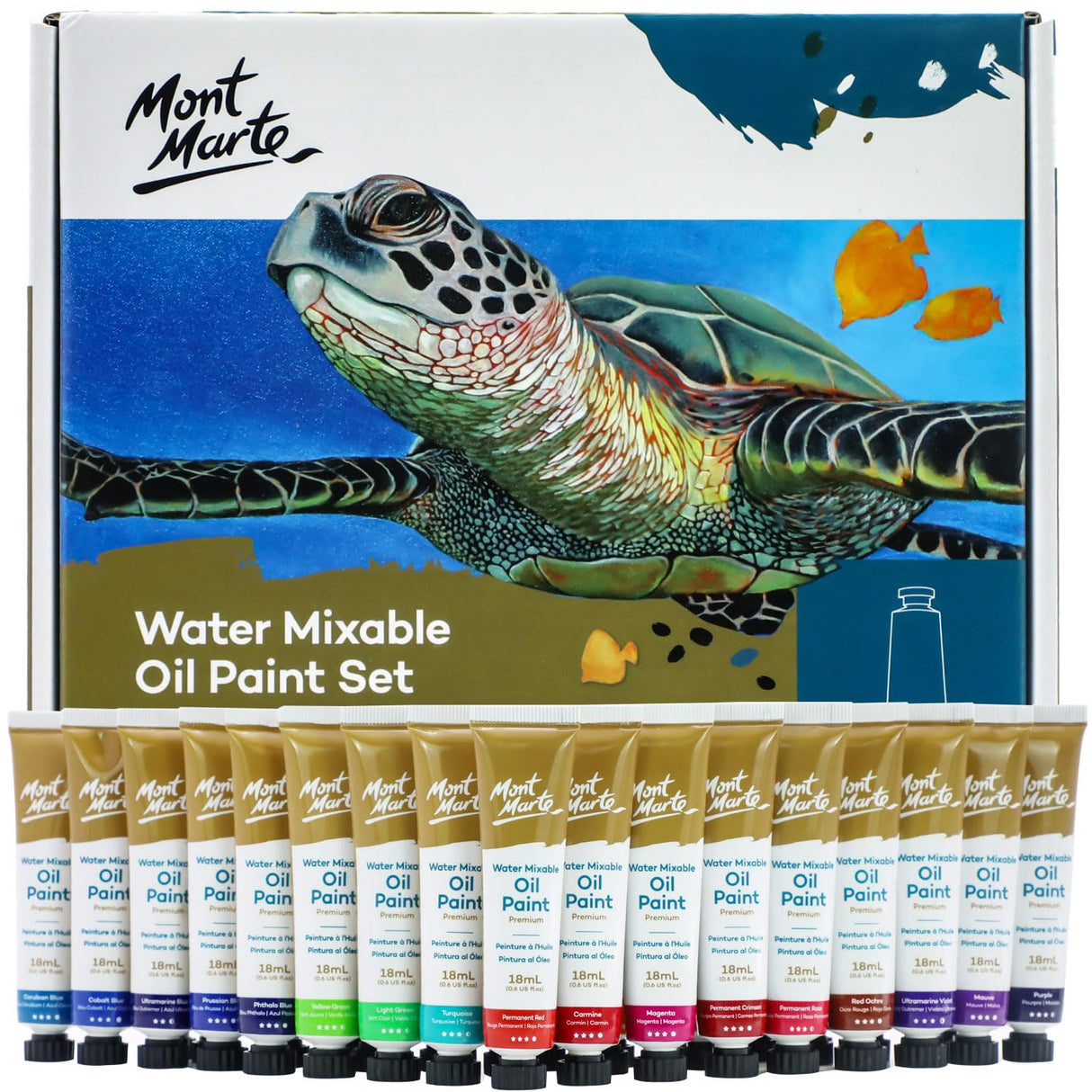 Mont Marte Premium H2O Water Mixable Oil Paint Set, 36 Piece, 18ml Tubes. Mixable with a Range of Mediums. Easily Washes Up with Water. Mont Marte