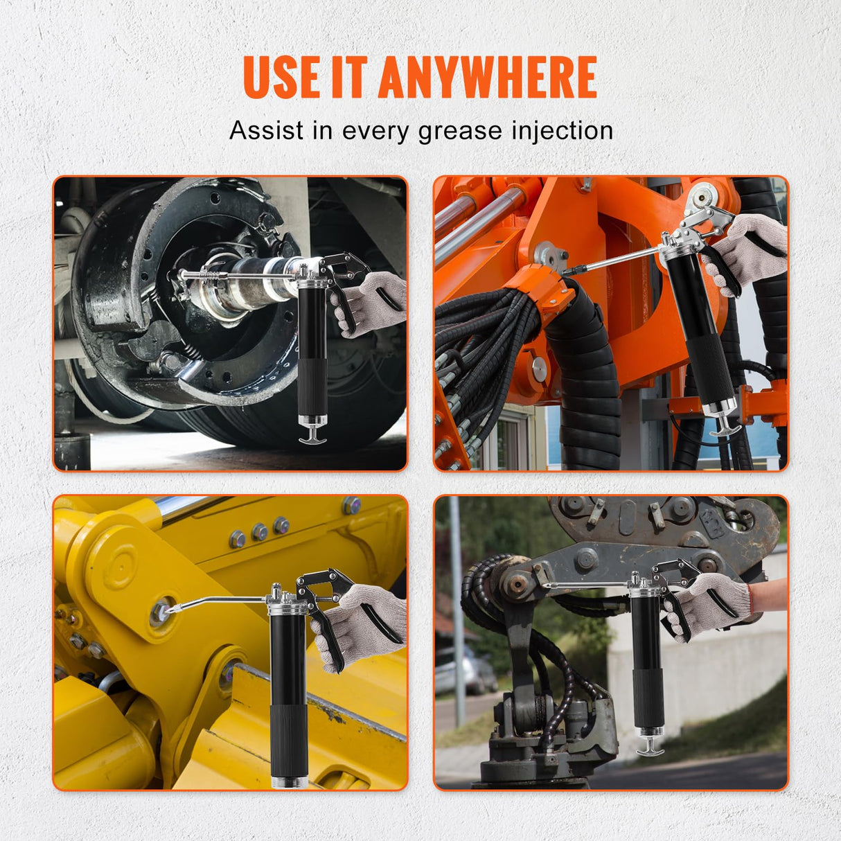 VEVOR Grease Gun, 6000 PSI Heavy Duty Pistol Grip Grease Gun, Grease Gun Kit with 14 oz Load, 17.72 Inch Flexible Hose, 1 Flat Couplers, 1 Pointed Coupler, and 1 Bent Metal Pipe VEVOR