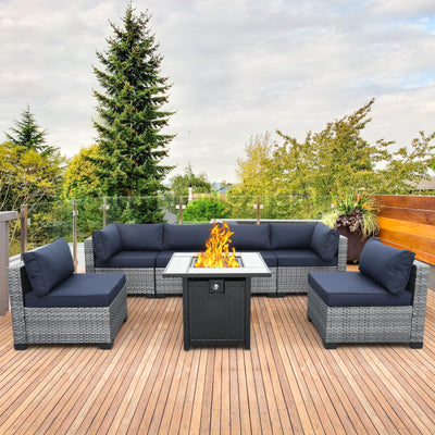 Valita 7 Piece Outdoor PE Wicker Furniture Set, Patio Gray Rattan Sectional Sofa Couch Adjustable Gas Fire Pit Dark Blue Cushions
