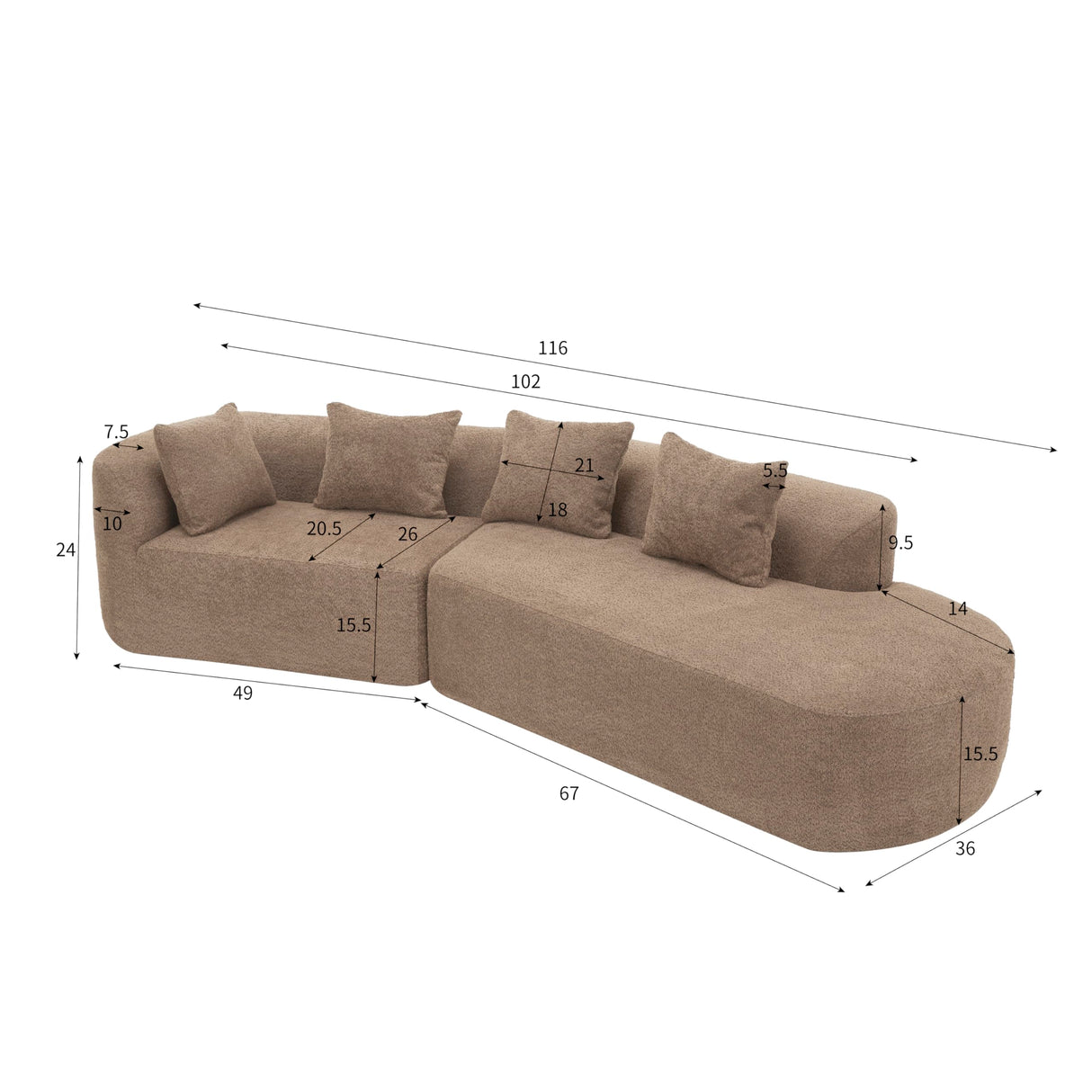 Merax 116" Curved Polyester Sectional Sofa, Modern Pearl Upholstery 3 Seat Cloud Couch with Chaise Lounge & 4 Pillows for Living Room, Camel Merax