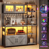 Itaar 45.3 Inch Farmhouse Bakers Rack with Power Outlet, LED Light and Storage Solutions in Grey Itaar