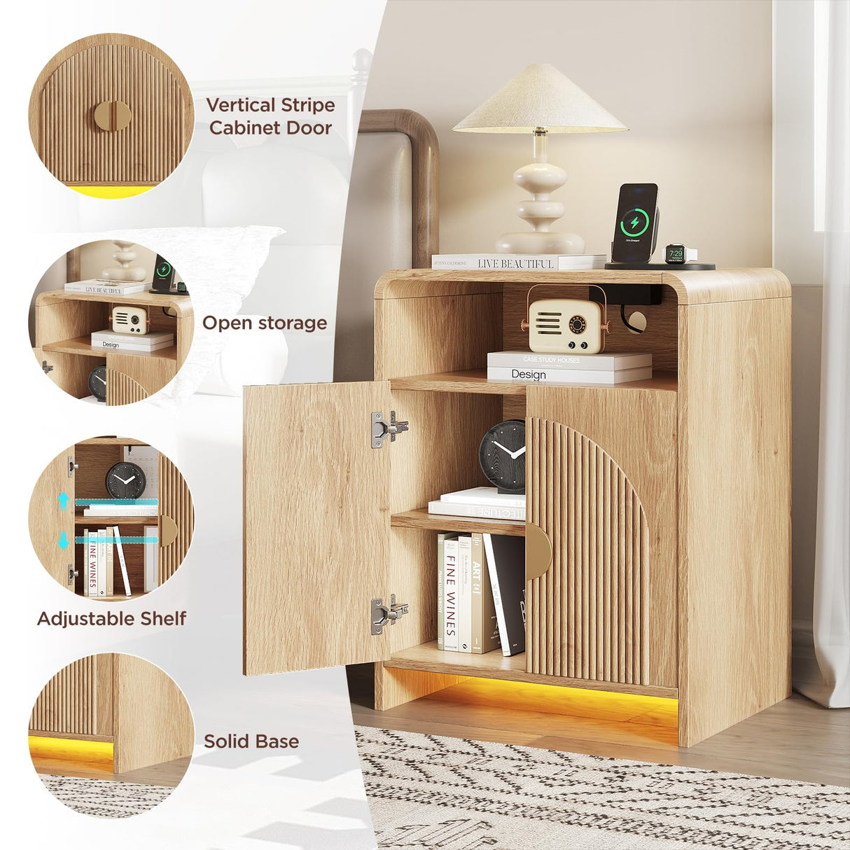 Nightstand with Charging Station and LED Lights, Night Stands with Adjustable Storage Cabinet, Modern Side Table with Fluted Doors and Open Storage, Bedside Table for Bedroom, Natural Vabches