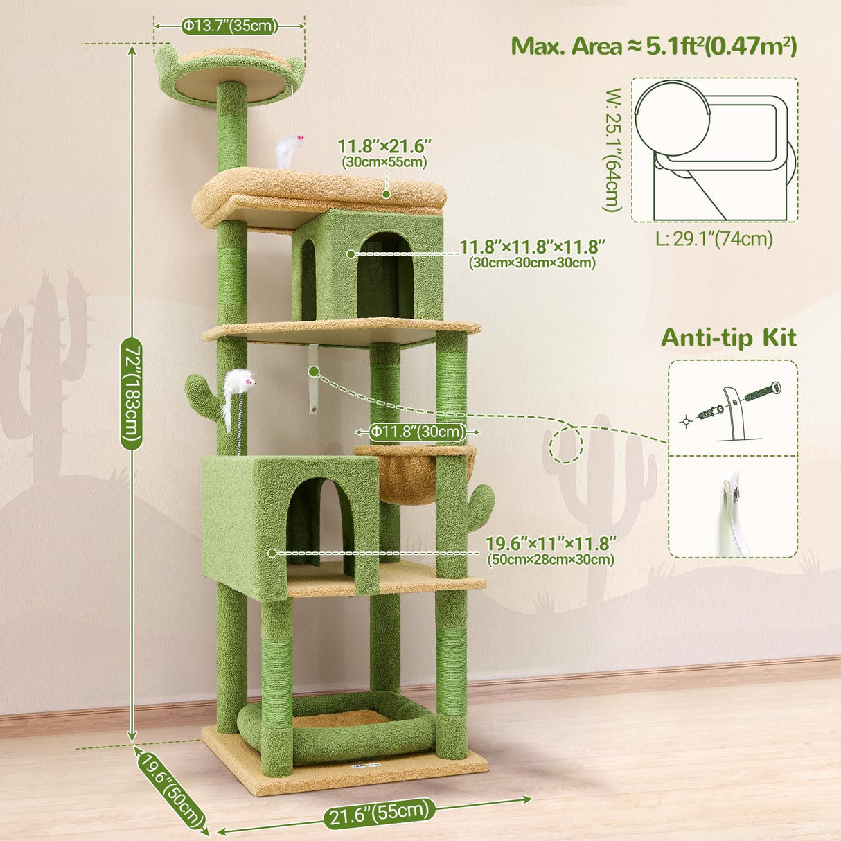 Globlazer S72 Heavy Duty Cactus Cat Tree for Large Cats, Sturdy 72in Maine Coon Cat Tree for Large Cats 20 lbs+ Cactus Cat Tower for Adult Biggest Cats with 6 Scratching Posts, Hammock Globlazer