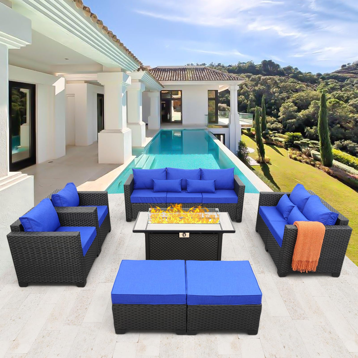 Patio Furniture Set 45-Inch Outdoor Fire Pits 7-Piece Outdoor Furniture Sets Patio Couch Outdoor Chairs 60000BTU Outdoor Propane Fire Pit Table Non-Slip Cushions and Waterproof Covers, Royal Blue Rattaner