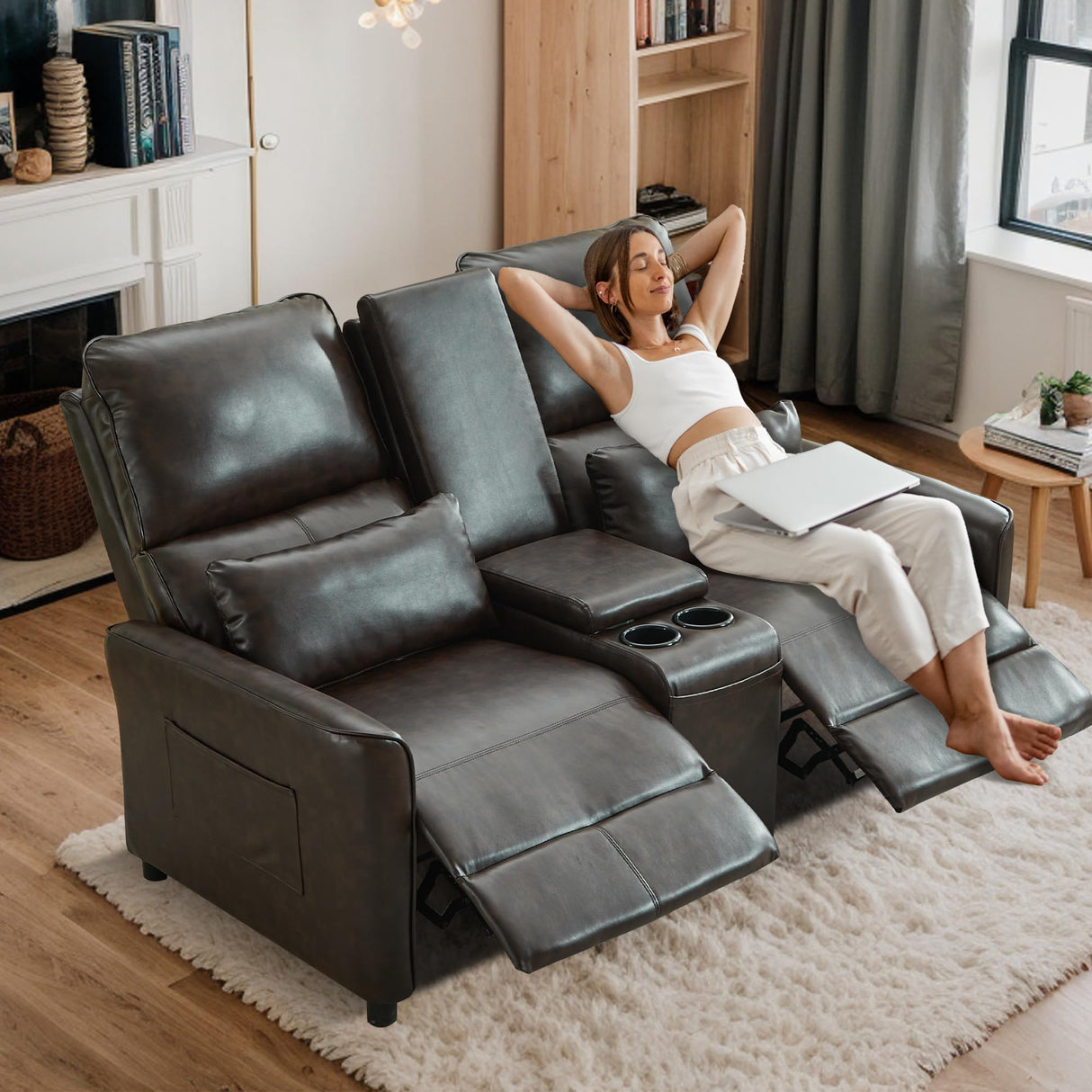 DRMBOOK 63'' RV Loveseat Recliner Sofa, Faux Leather Double Camper Couch 2 Seater Recliner with Console, Home Movie Theater Seating Chair, 2 Person Push Back Recliners for Living Room, Red & Brown DRMBOOK