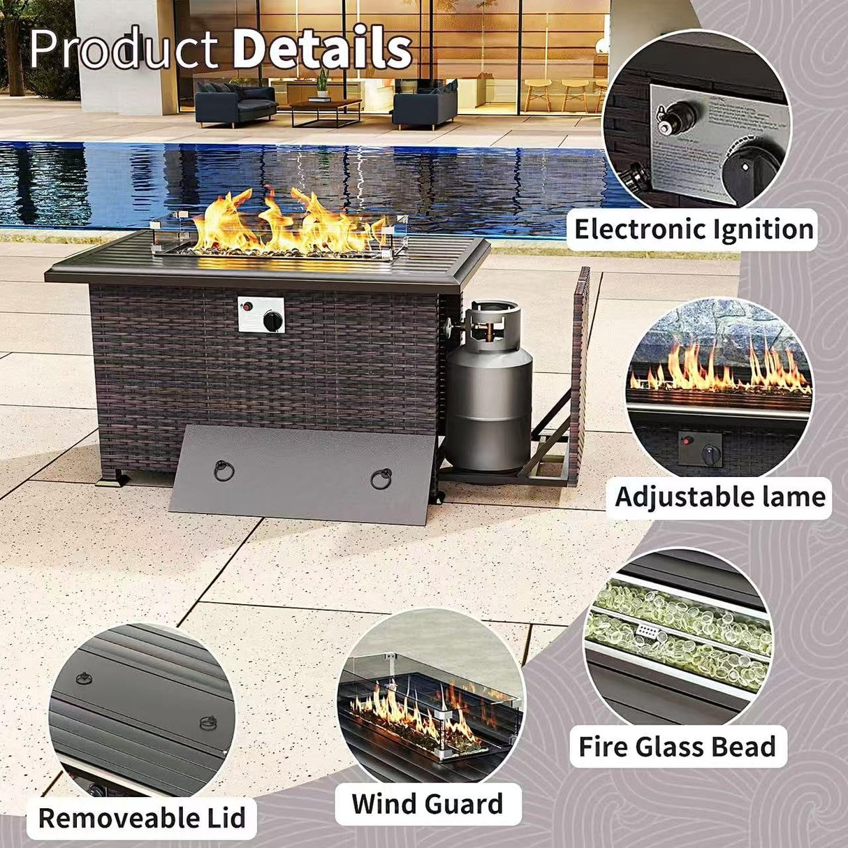 Gotland 8 Pieces Patio Furniture Set with 55000BTU Fire Pit Table, 6 Seater Wicker Patio Set with 29.5'' High Backrest Thick Cushions 1 Coffee Tables for Porch, Deck, Garden Khaki Gotland