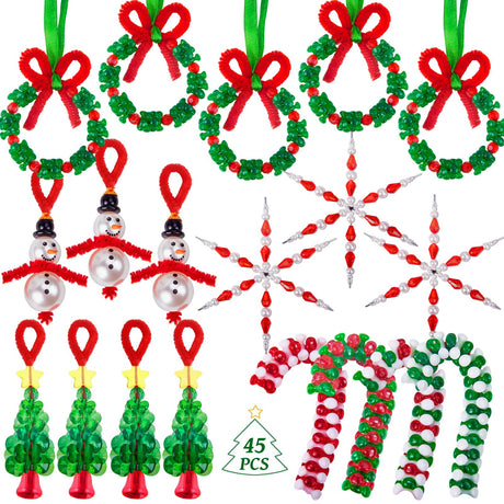 NLUS Christmas Crafts for Kids Adults, 45 Pcs Christmas Beaded Ornament Kits Holiday Crafts - Including Snowman/Christmas Tree/Wreath/Candy Cane/Snowflake (Assembly Required) NLUS