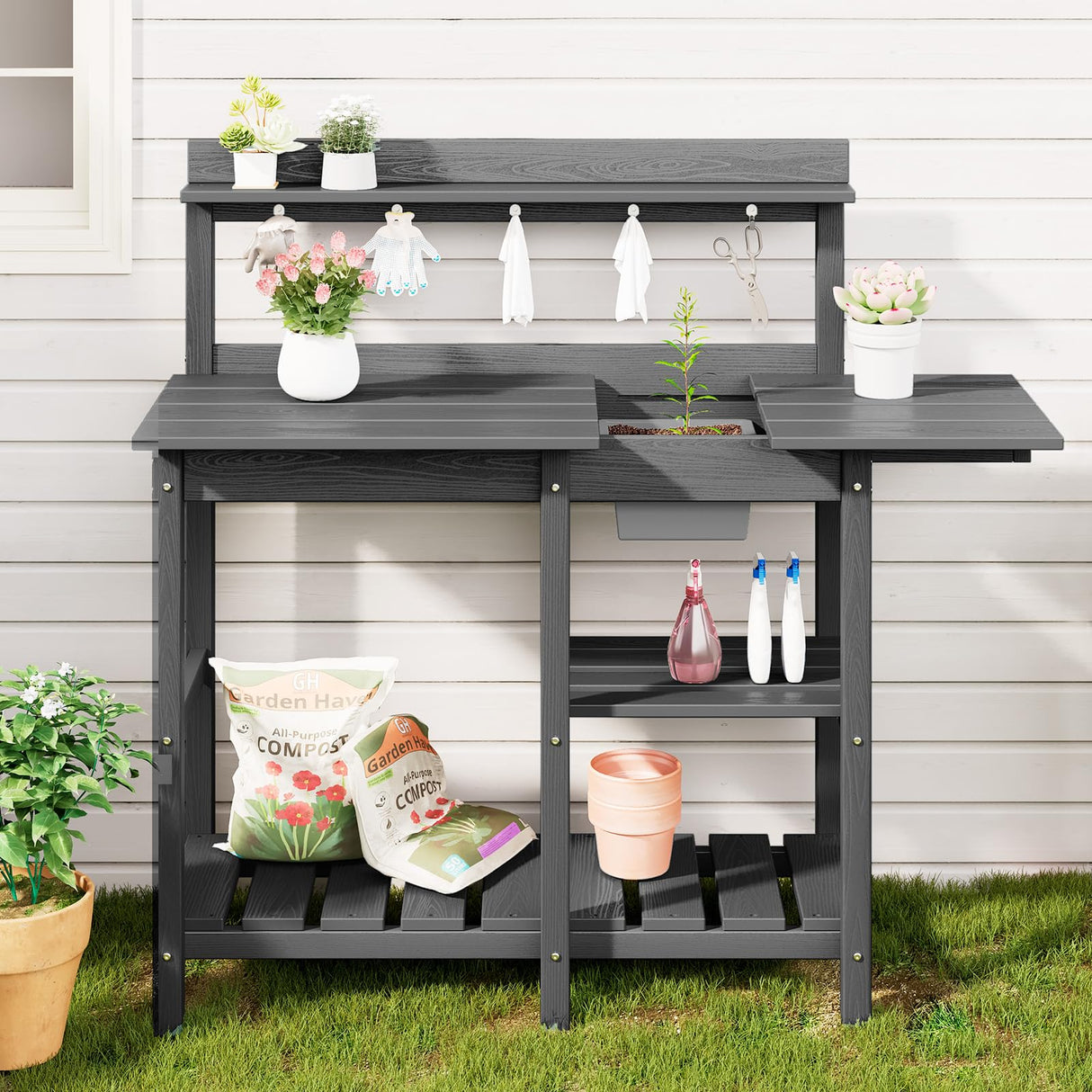 SERWALL Potting Bench Outdoor Potting Table with Sink, HDPE Potting Benches for Outside Gardening Table All Weather Use- Gray SERWALL