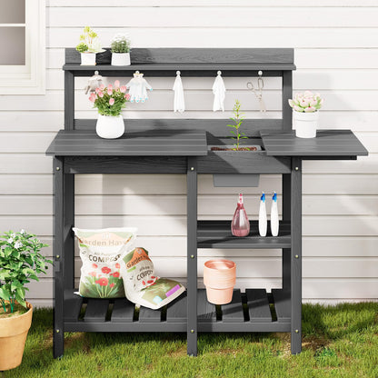 SERWALL Potting Bench Outdoor Potting Table with Sink, HDPE Potting Benches for Outside Gardening Table All Weather Use- Gray - WoodArtSupply