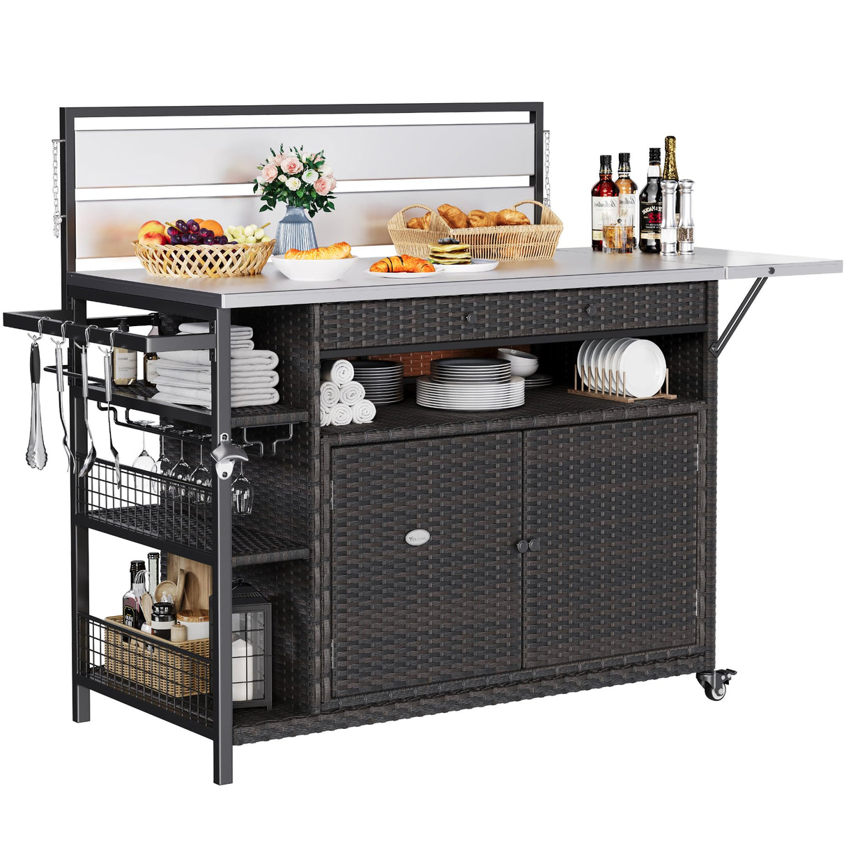 YITAHOME XL Outdoor Kitchen Wicker Island Rolling Cart & Storage Cabinet, Wheels and Stainless Steel Extended Table Top, Side Handle for Patio Kitchen or Bar Cart, Dark Brown YITAHOME