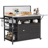 YITAHOME XL Outdoor Kitchen Wicker Island Rolling Cart & Storage Cabinet, Wheels and Stainless Steel Extended Table Top, Side Handle for Patio Kitchen or Bar Cart, Dark Brown YITAHOME