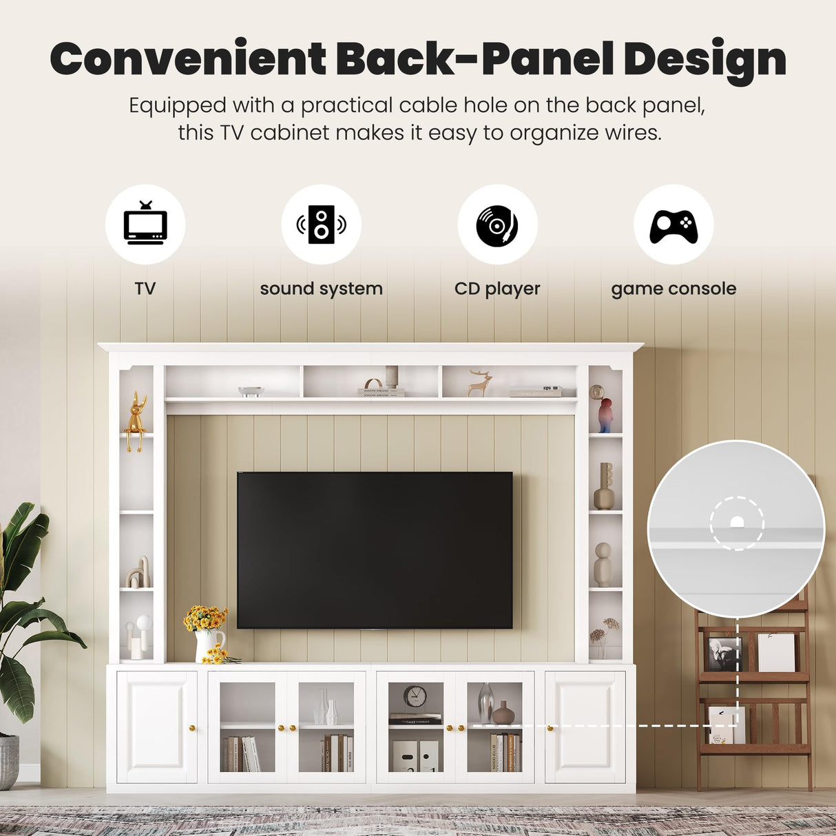 4-Piece Entertainment Center Wall Unit with Bookshelves,All-in-1 Large TV Stand with Tempered Glass Door for TVs Up to 80",92inch Media Console with Adjustable Shelves for Living Room (White-E) Tdewlye