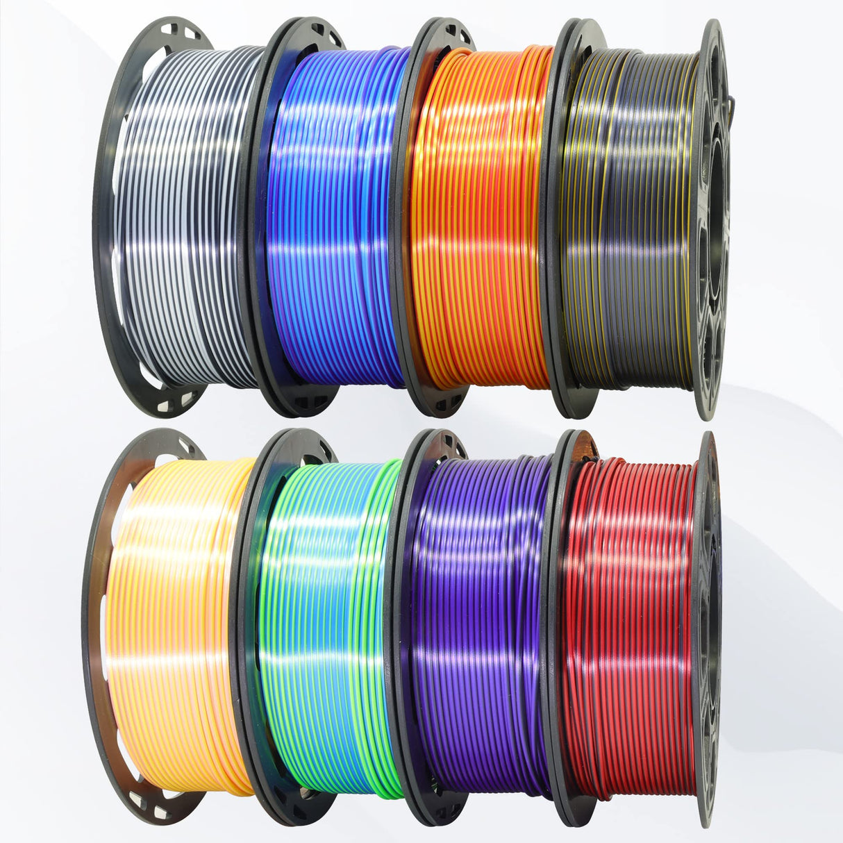 BBLIFE 8 Spools Dual Color Silk PLA 3D Printer Filament Bundle, Silk White/Black, Red/Black, Gold/Black, Purple/Black, Purple/Blue, Red/Gold, Green/Blue, Yellow/Pink, 1.75mm Bicolor Silk PLA 250gX8 Bblife