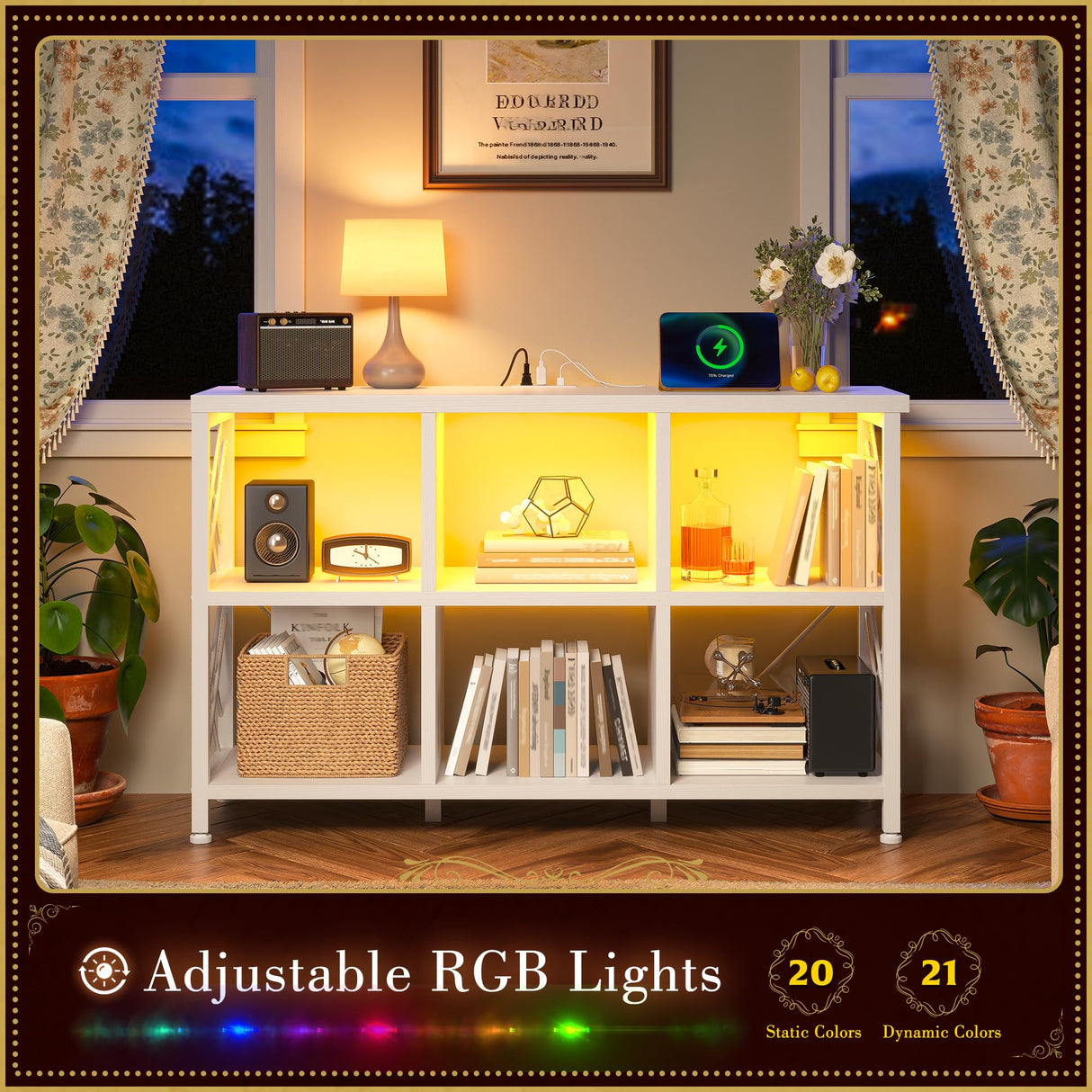 DurayLoly 6 Cube Storage Organizer with LED Light and Charging Station, Wood and Metal Cube Shelf, White Horizontal Book Shelf for Bedroom, Home Office DurayLoly