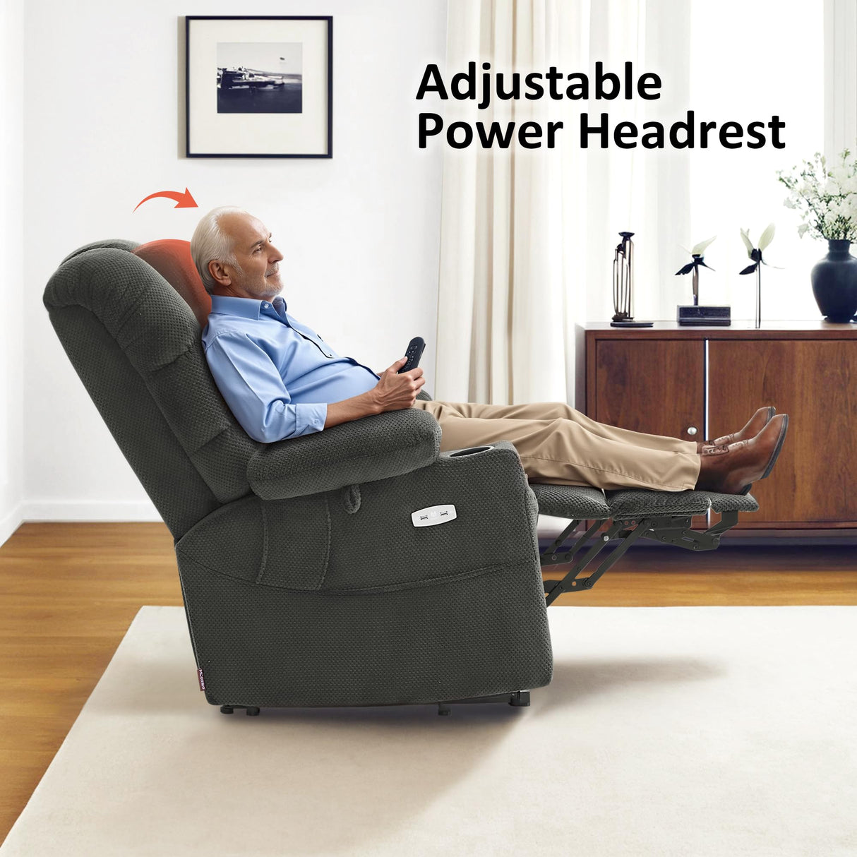 MCombo Large Triple Motor Power Lift Recliner Chair with Massage and Dual Heating, Adjustable Headrest for Tall Elderly People, Fabric 7634 (Grey, Large) MCombo