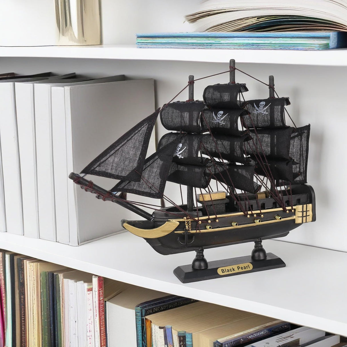 NAUTIMALL The Black Pearl Wooden Pirate Ship Model 10" Prebuilt Caribbean Nautical Fully Assembled Sailboat Decor (10" Wooden Black Pearl) NAUTIMALL