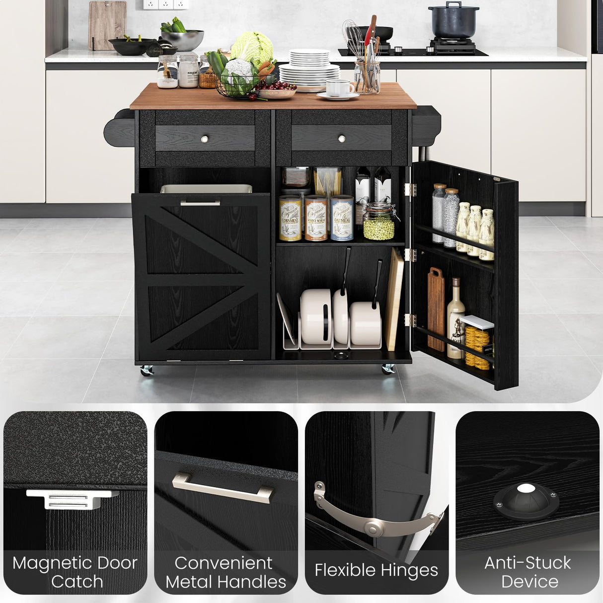 Giantex Kitchen Island Cart with Hidden Tilt Out Trash Can Cabinet, Drop Leaf, 2 Drawers, Towel Rack, Rolling Mobile Breakfast Bar Table, Wood Kitchen Storage Cart on Wheels (Black & Natural) Giantex